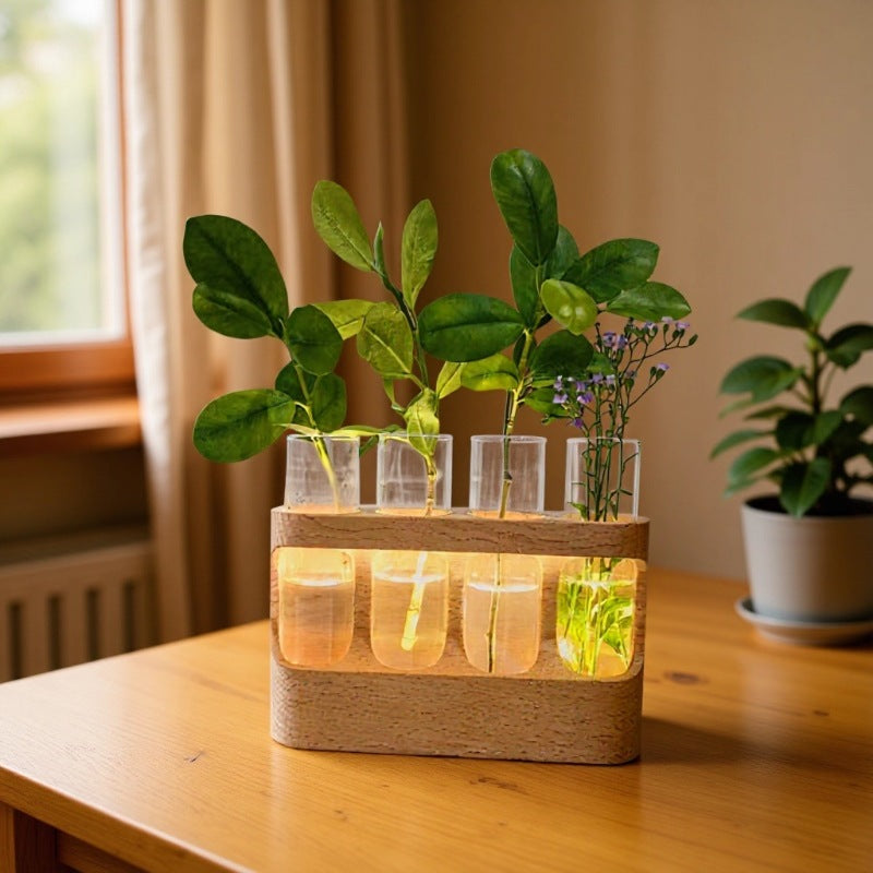 Vaso in Legno con Provetta in Vetro | Propagation Station Decorativa per Piante e Candele