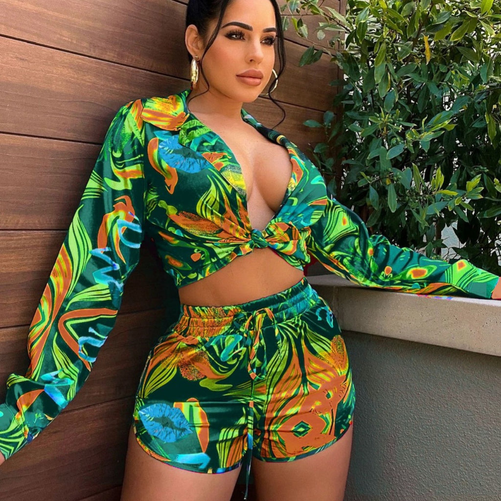 Set Estivo Donna Stampato – Camicia a Maniche Corte e Shorts Casual | Look Tropicale Chic