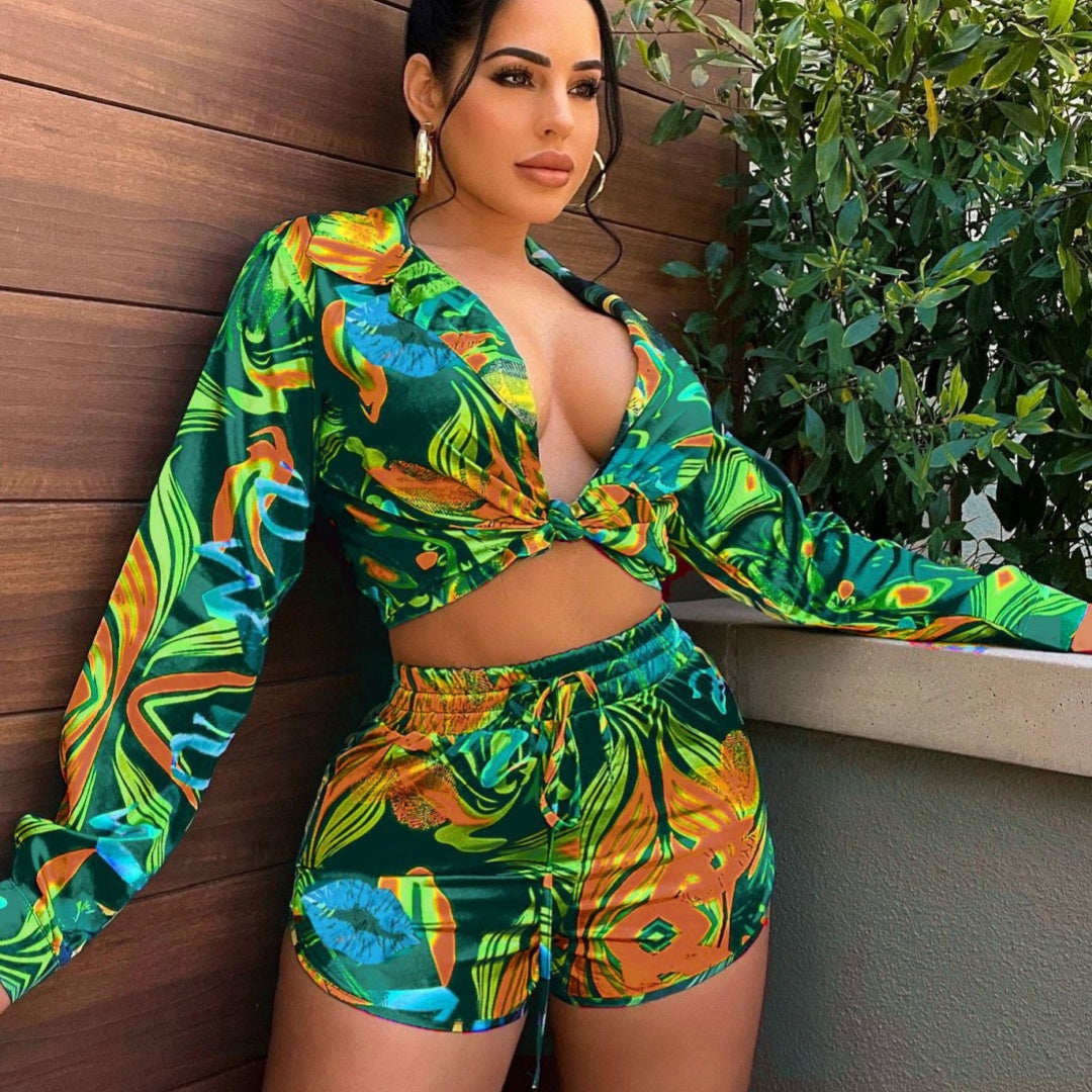 Set Estivo Donna Stampato – Camicia a Maniche Corte e Shorts Casual | Look Tropicale Chic