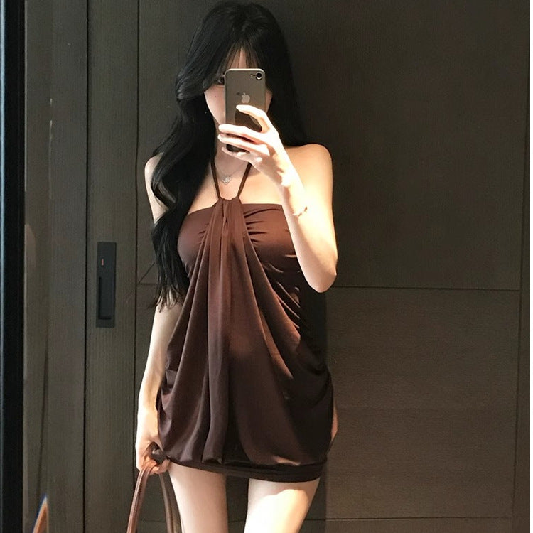 Vestito Estivo Halter Elegante da Donna – Abito Aderente con Vita Arricciata e Design Minimal Chic