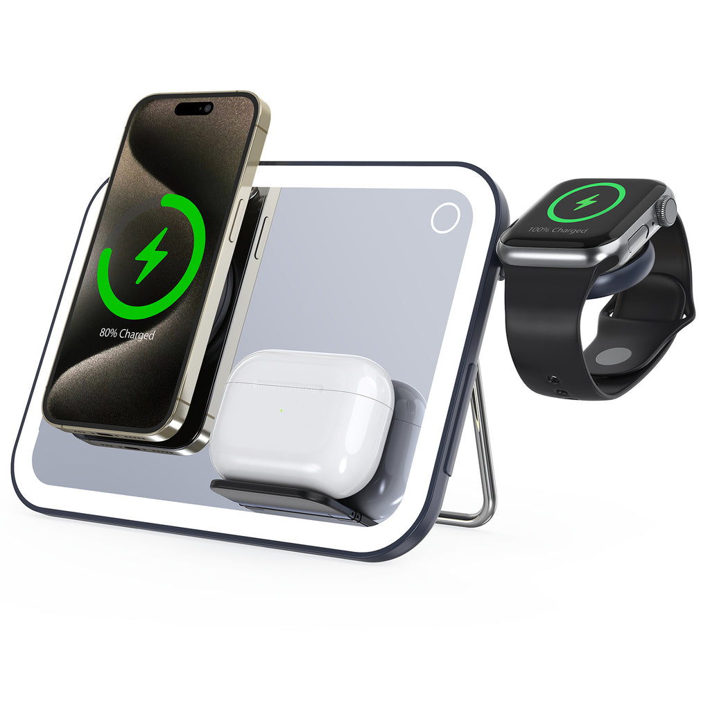 Lampada da Scrivania 4‑in‑1 con Caricatore Wireless, Specchio LED e Luce RGB | Design Moderno