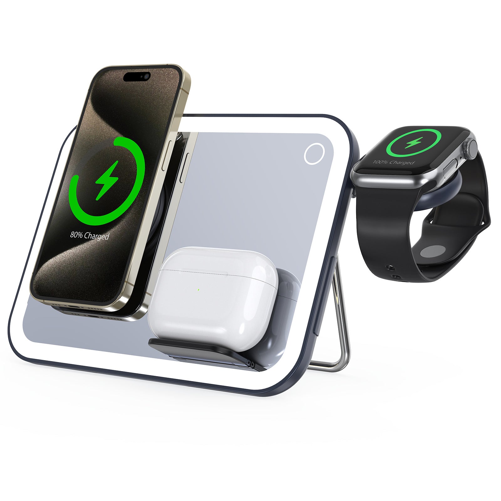 Lampada da Scrivania 4‑in‑1 con Caricatore Wireless, Specchio LED e Luce RGB | Design Moderno