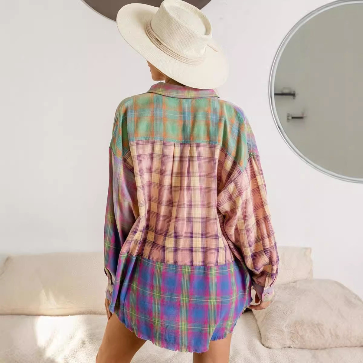 Camicia Donna Color-Block a Quadri – Shirt Geometrica con Bottoni Stile Casual Chic