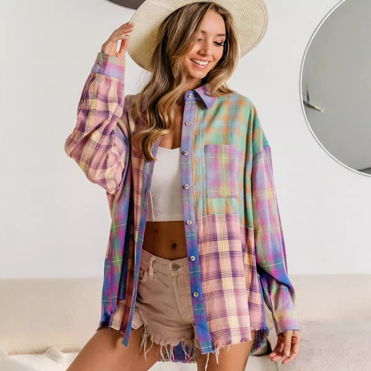 Camicia Donna Color-Block a Quadri – Shirt Geometrica con Bottoni Stile Casual Chic