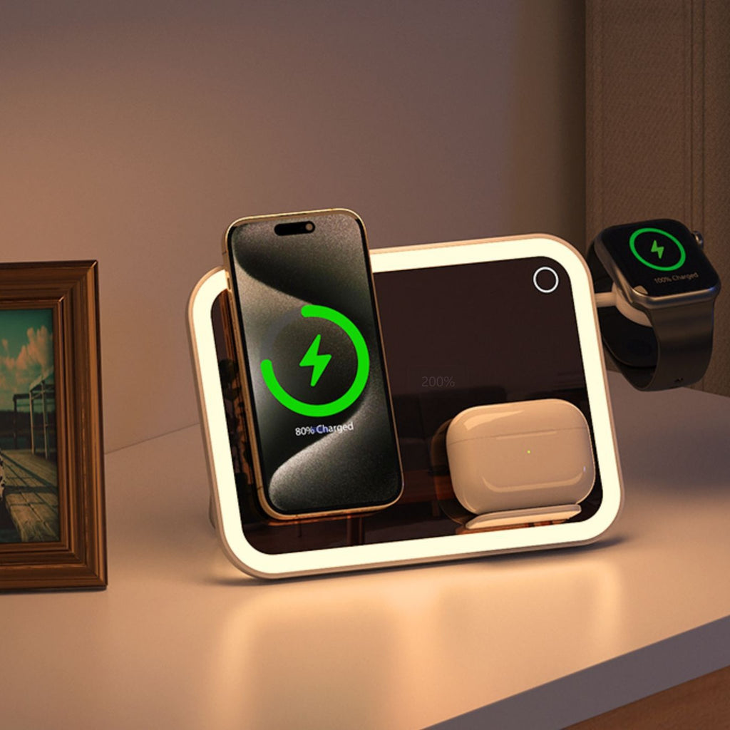 Lampada da Scrivania 4‑in‑1 con Caricatore Wireless, Specchio LED e Luce RGB | Design Moderno